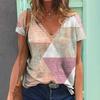 Women's Summer T-shirt, Retro Geometric Print Short-sleeved Top, Women's Wear, V-neck Daily Short-sleeved