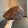 PU Leather Duckbill Hat - Women's Autumn/Winter British Retro Style, Reversible Design, Fashionable Black Beret for Men