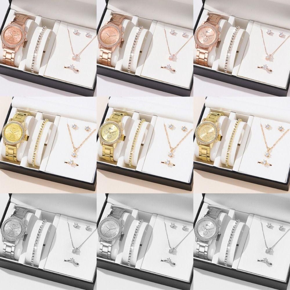 6pcs Bracelet Rhinestone Watch Jewelry Gift Set Roman Dial Ladies Quartz Watch Wedding