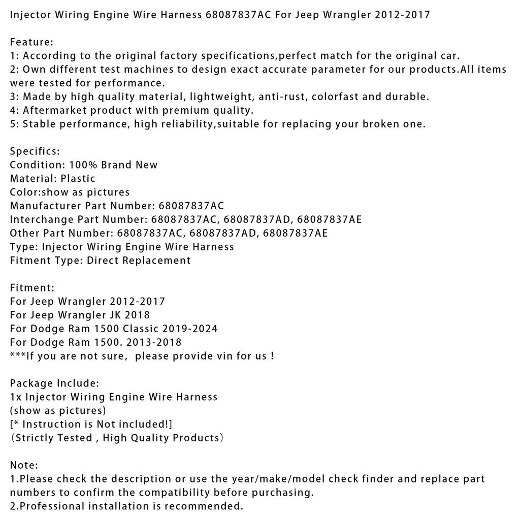 Проводка форсунок Жгут проводов двигателя 68087837AC Для Jeep Wrangler 2012-2017