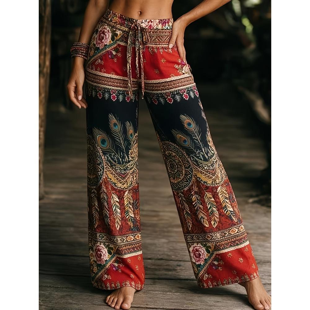 Women's Autumn New Fashion Wide Leg Pants Elastic Waist Bohemian Digital Printed Casual Pants