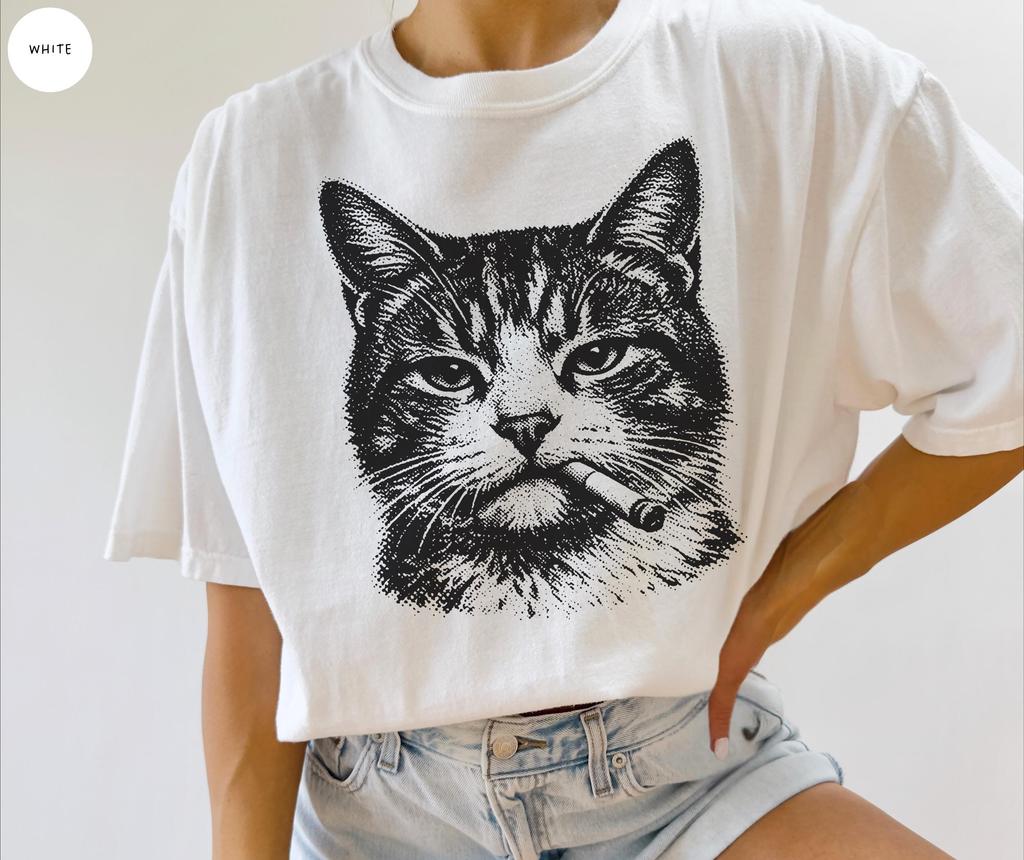 Plus Size Summer Womens Vintage Cat Smoking Graphic TShirt Cotton Breathable Stylish Versatile Street Style Oversized