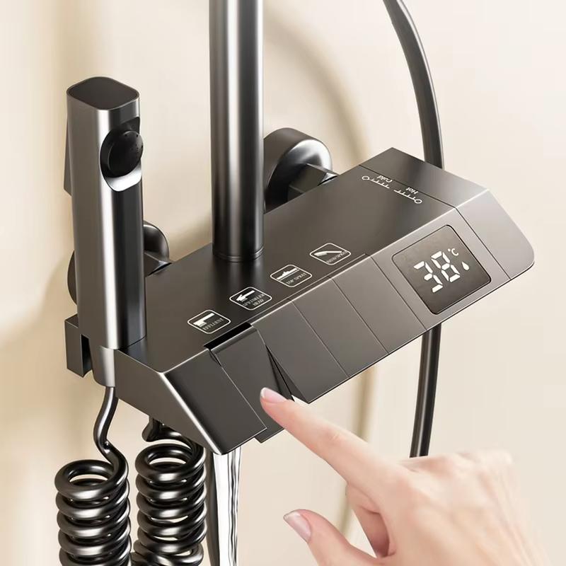 Душевая система для ванной комнаты Душевой комплект Горячий и холодный смеситель для душа Светодиодный цифровой медный смеситель Душевой комплект Душевая головка
