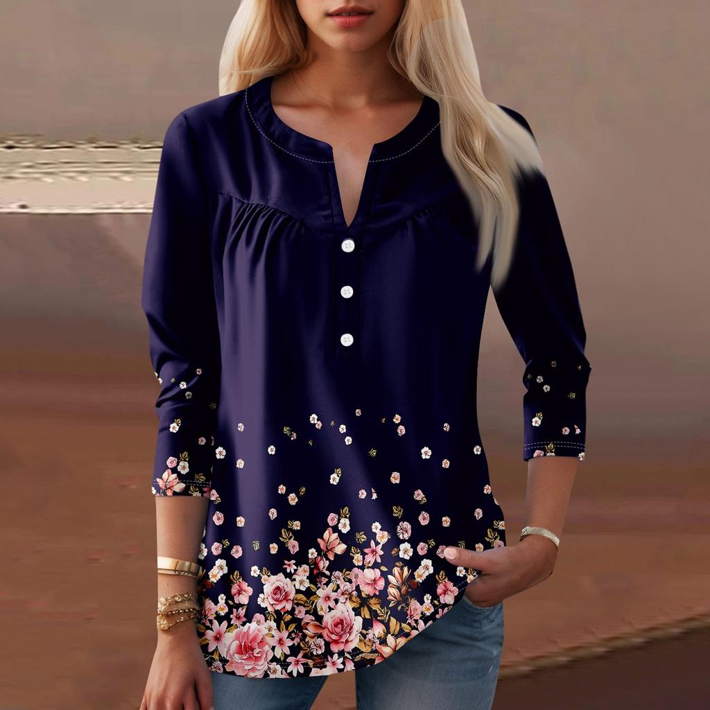 Женская мода повседневный топ с длинным рукавом и круглым вырезом с цветочным принтом