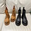 Лето 2024 Новые молодежные сапоги с круглым носком и высоким верхом, кожаные ботинки на платформе и каблуке-бочонке в стиле ретро, армейские ботинки, ковбойские сапоги