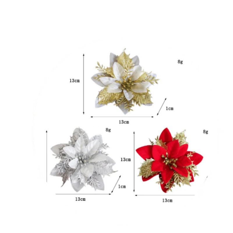 10 шт. Рождественский цветок, блестящий золотой порошок, блестки, украшение на рождественскую елку, праздничная вечеринка, домашний цветочный рождественский венок, домашний декор