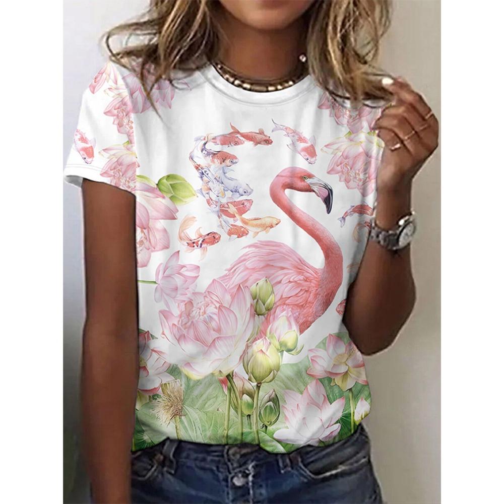 3D Printed Flamingo Women's T-shirts, Casual Short-sleeved Collar T-shirts, Harajuku T-shirts, Women's Clothing, New Fashion