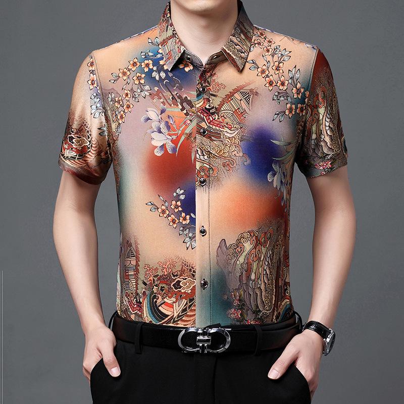 New Men's Digital Pattern Stretch Short-Sleeved Shirt Men's Gentleman Business Plus Size Short-Sleeved Shirt
