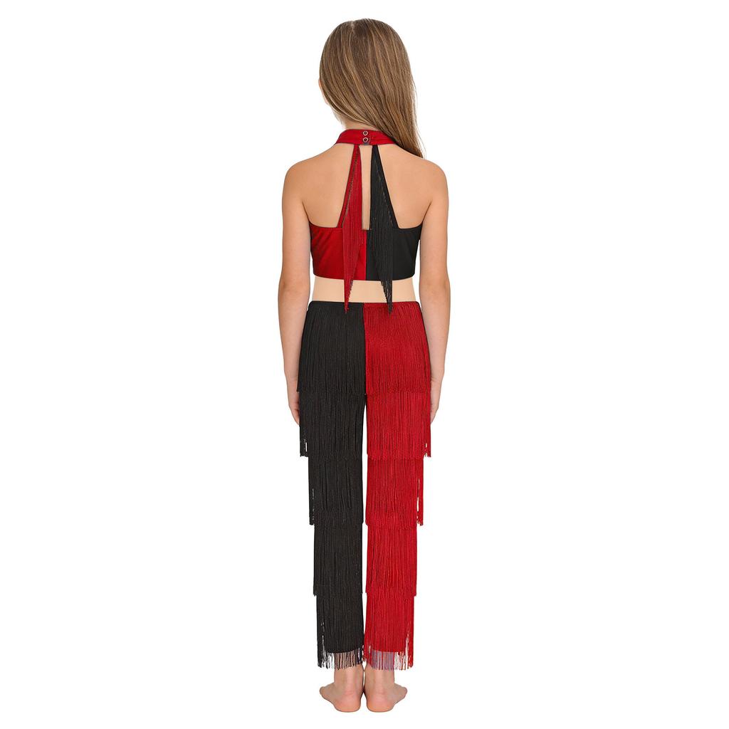Girls Sequin Dance Jumpsuit Halter Sleeveless Cutout Back Color Block Tassel Design Latin Disco Party Bodysuit