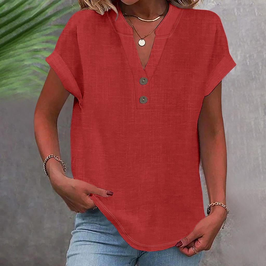 Women's Fashion Casual Solid Colour V-Neck Short Sleeve Button Down Shirt T-Shirt Top