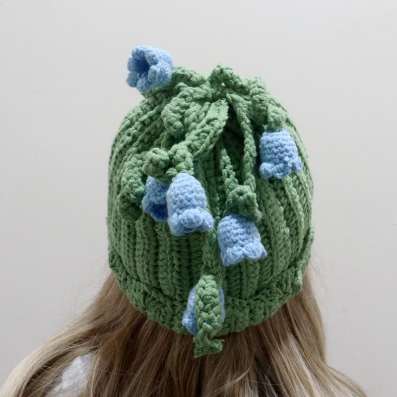 Fresh Green Lily Of Valley Crochet Beanie Cute Versatile Floral Hat Sweet Warm Knit Cap Women