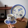 Swedish Antique Hand-painted Blue Poppy Ceramic Coffee Cup and Saucer Set, Heavy Industry Handmade Afternoon Flower Tea Water Cup