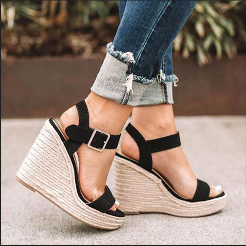 Elegant Summer Hemp Ladies Peep Toe Rope Wedge Sandals With Buckle Ankle Strap