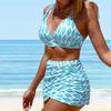 Women's Hanging Neck Swimsuit with Blue Leaf Print Bikini Short Tank Top Swimsuit