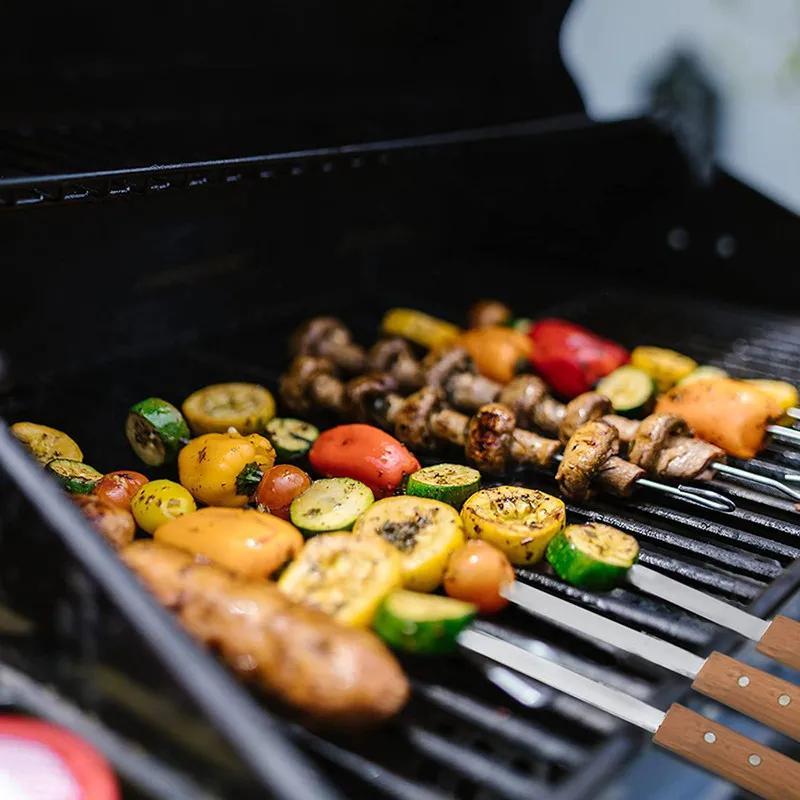 Шпажки для шашлыка 55 см плоские шампуры для барбекю из нержавеющей стали с деревянной ручкой многоразовые шампуры для барбекю плоские палочки ряд кебабница