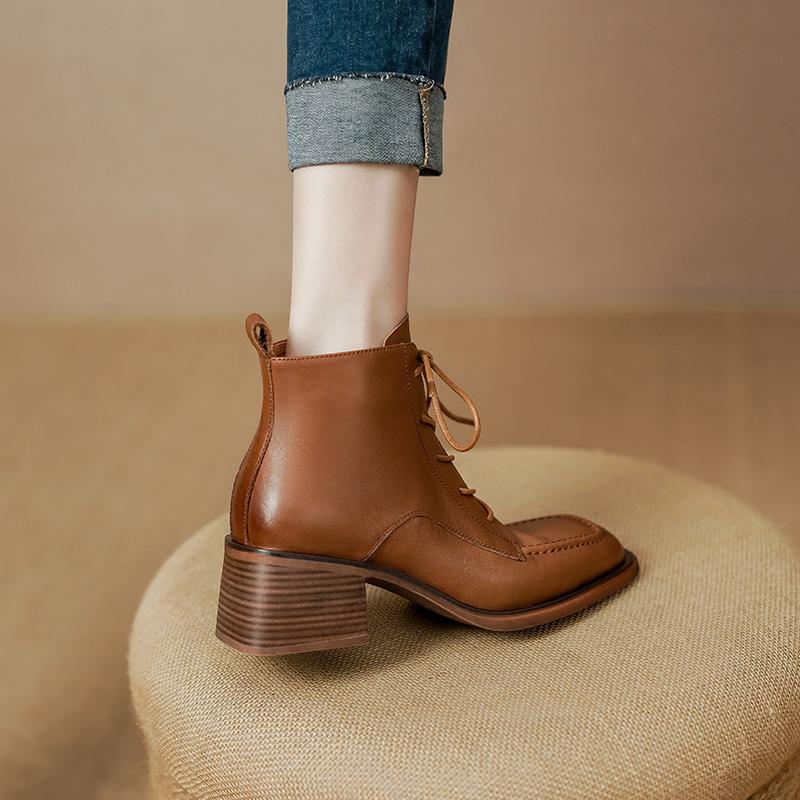 2024 Women Ankle Boots Handmade Luxury Genuine Leather Medium Heels Laces Black Short Boot Elegant Female Booties Designer Shoes