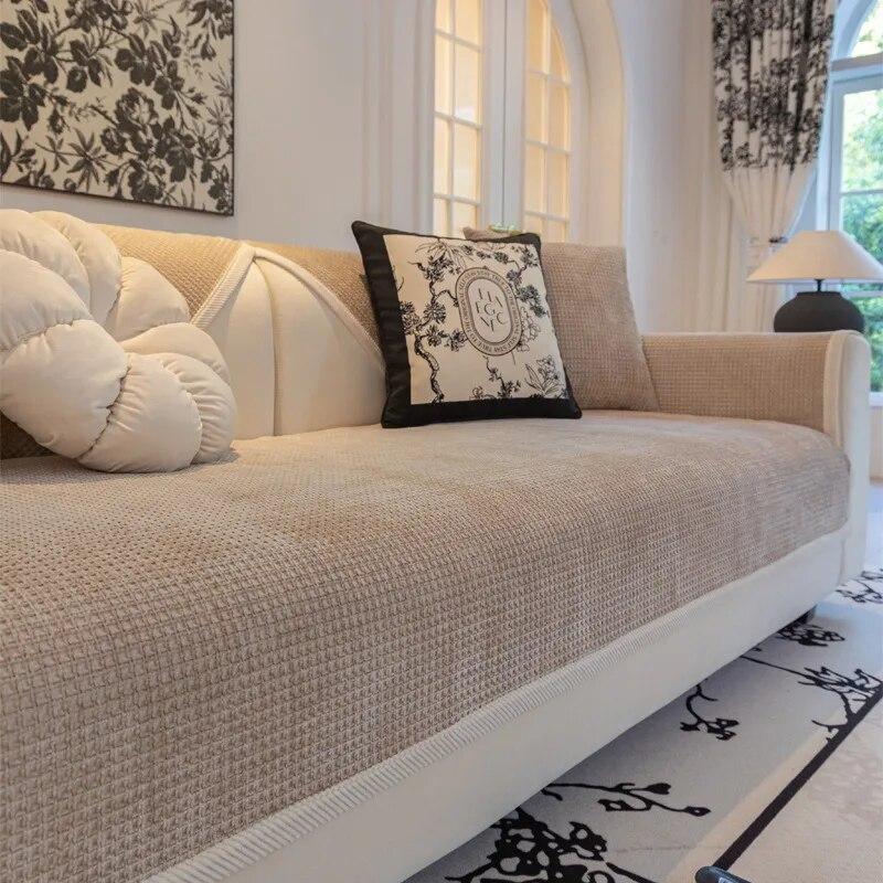 Waffle Chenille Sofa Cushion Non-Slip Plaid Backrest Armrest Towel Universal Living Room Four Seasons Simple