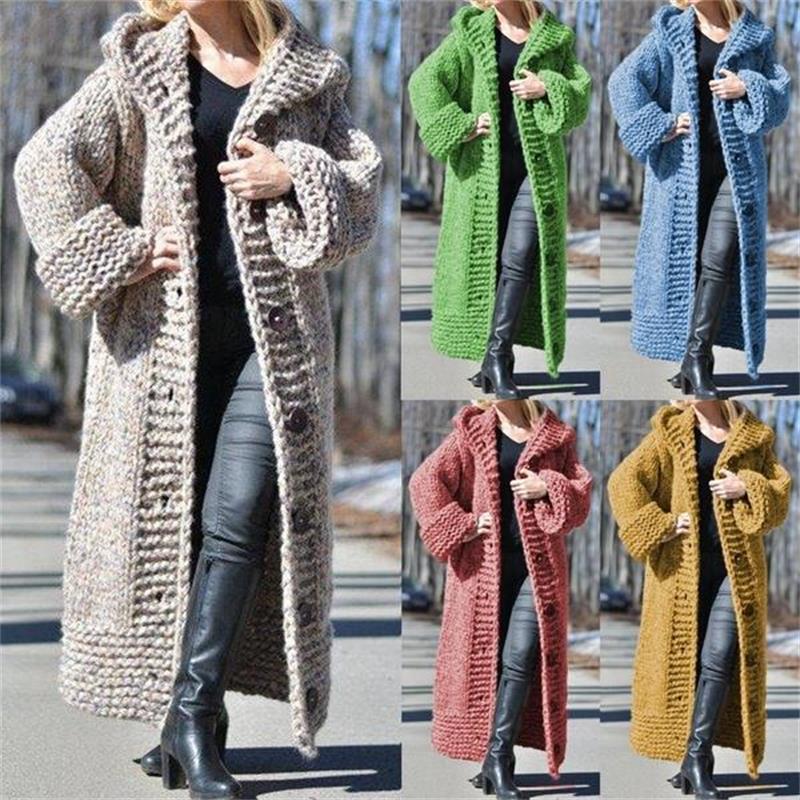 Women Knit Long Sleeve Warm Hooded Thick Cardigan Coat Winter Fashion Plus Size Knitted Sweater Ladies Long Coat Cloak Outwear
