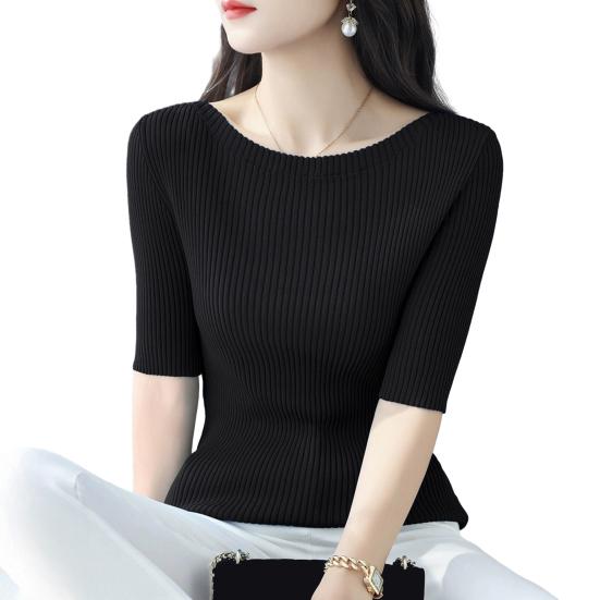 Женские топы Slim Fit, однотонные, ребристые, с круглым вырезом и коротким рукавом, эластичные, с короткими рукавами, топы для повседневной носки