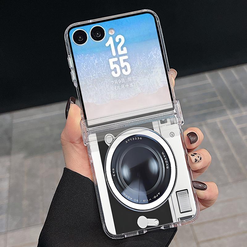 Чехол с винтажным узором камеры для Samsung Galaxy Z Flip 8 7 FE 6 5 Z Flip8 Flip7 Flip6 Магнитный Прозрачный Жесткий ПК Складной Чехол для Телефона