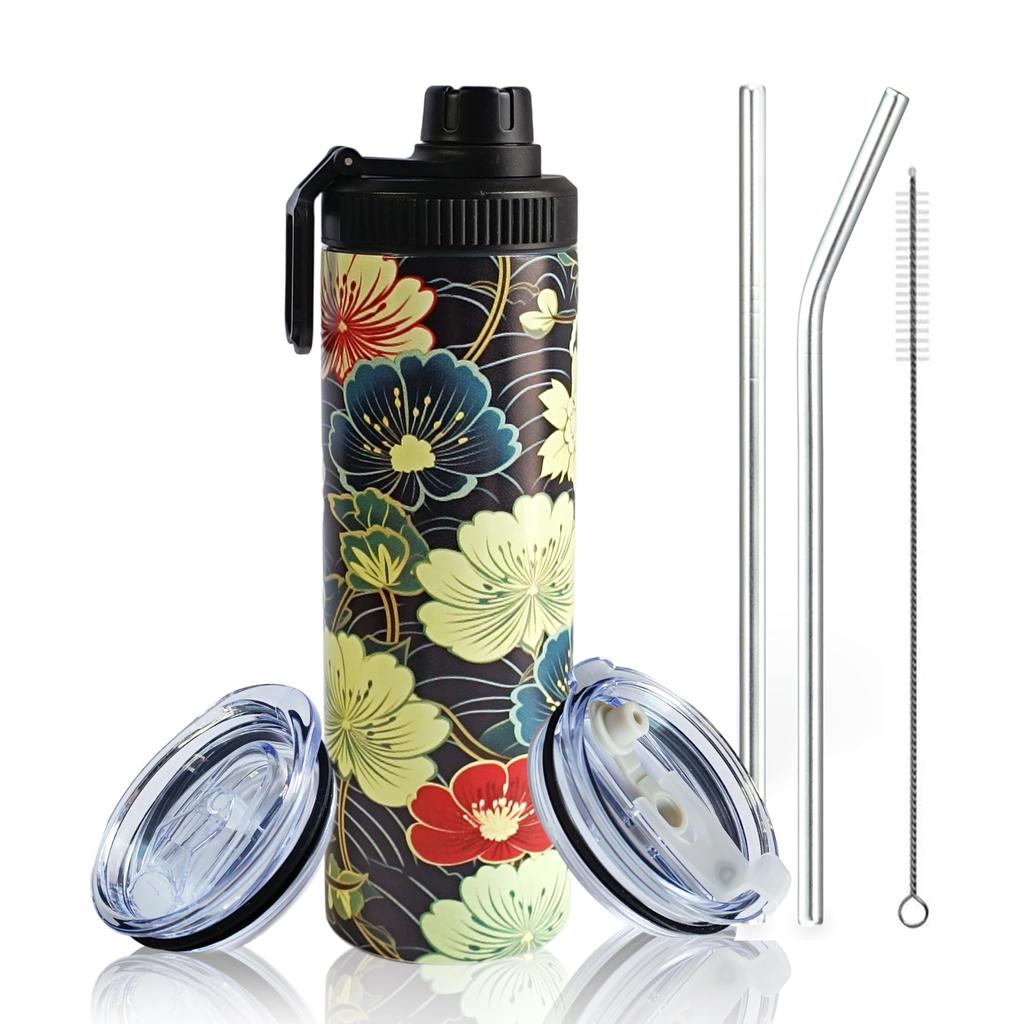 600ml Insulated Tumbler with 3 Leak-Proof Lids & Straws, Traditional Japanese Design, Vacuum Insulated, Keeps Drinks Hot or Cold, Perfect for Gifts,