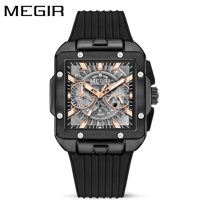 Fashion Top Brand Megir 2228 Men Luxury Sport Quartz Silicone Square Dial Watches Luminous Chronograph Male 24-hour Reloj Hombre