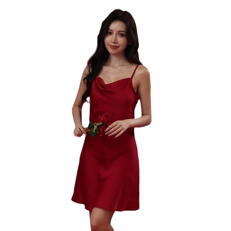Sexy pajamas women's summer ice silk nightdress V-neck suspender sexy underwear dress summer high-end loungewear
