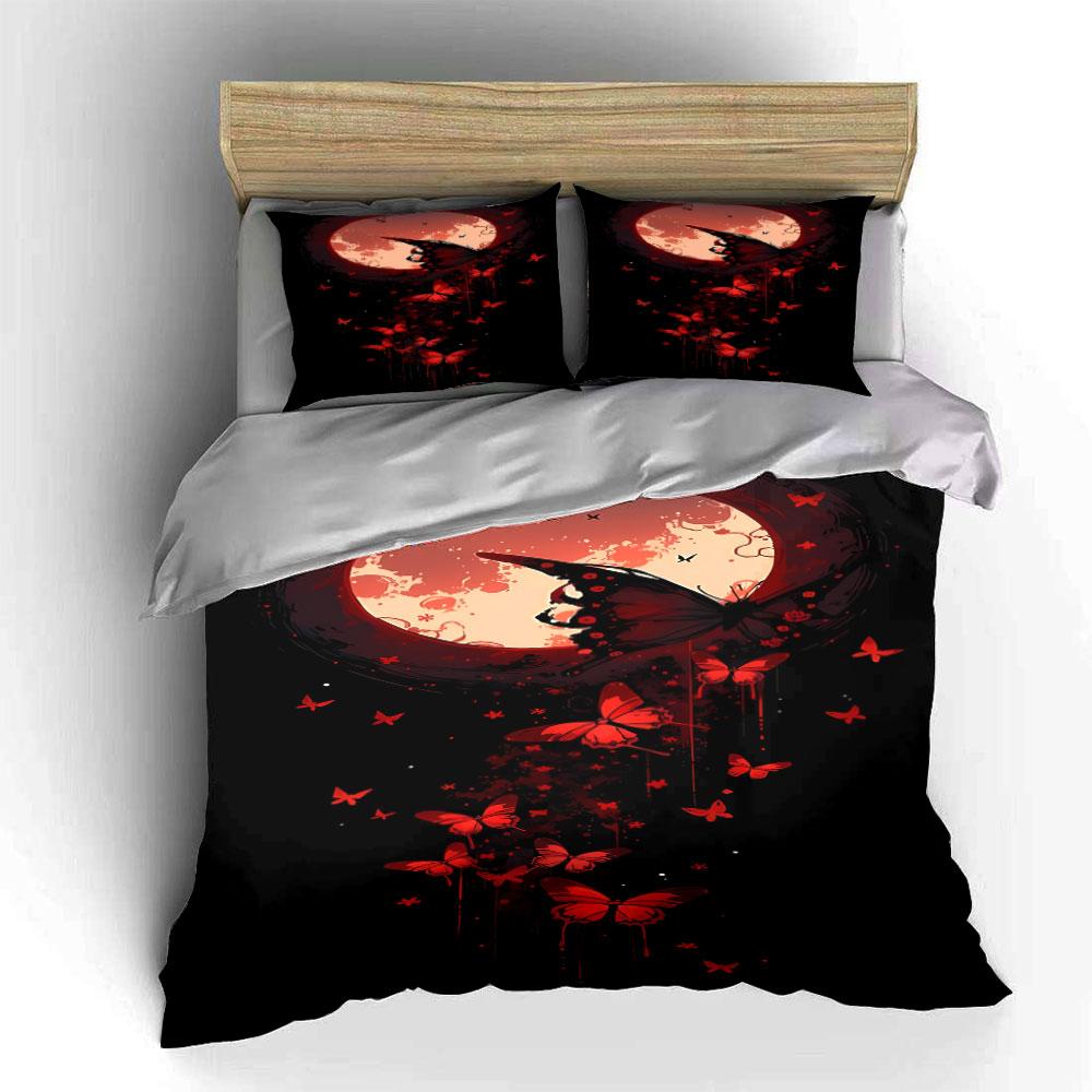 Red butterflies and moon. Bedding sets Duvet cover sets Duvet covers Pillowcases(1*Duvet Cover 2*Pillowcases without duvet insert)