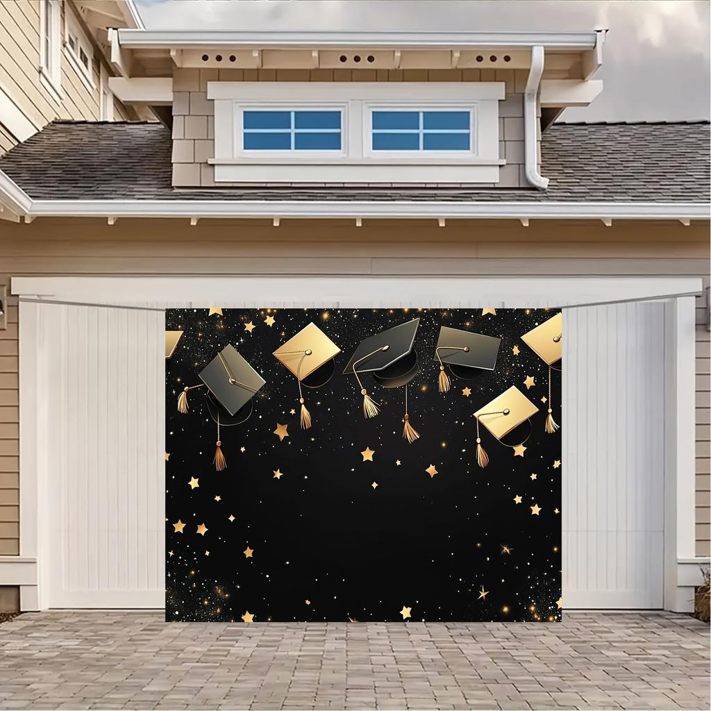 1 graduation background banner with black cap, suitable for graduation parties, with multiple sizes to choose from