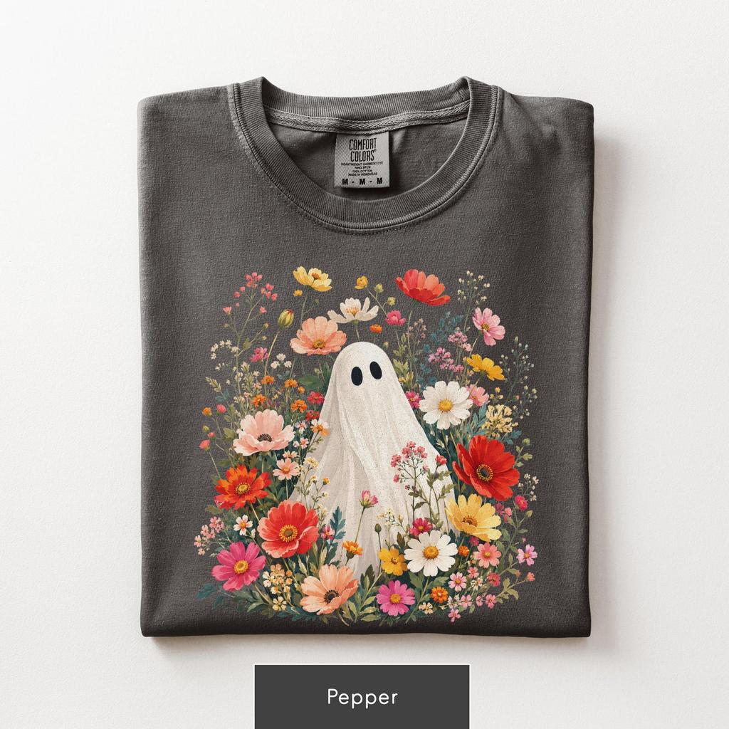 Spooky Ghost Floral Shirt and kids tshirt, Unisex Cute Halloween Wildflower Tee, Botanical Ghost Graphic Comfort Colors®