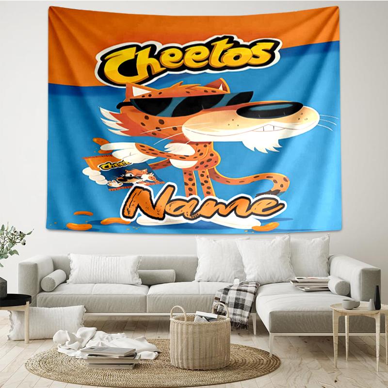 Custom Name Cheetos Print Tapestry, Backdrop, Easy Setup, Ideal for Bedroom, Office & Living Room, with Aesthetic Wall Hanging Decor.