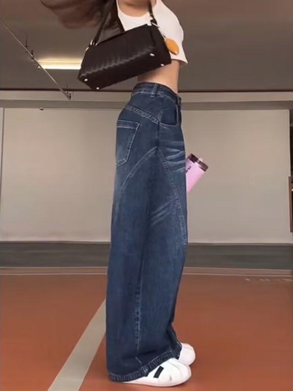 Женские американские джинсовые брюки wide-leg в ретро-стиле, длиной до пола, с эффектом потертости