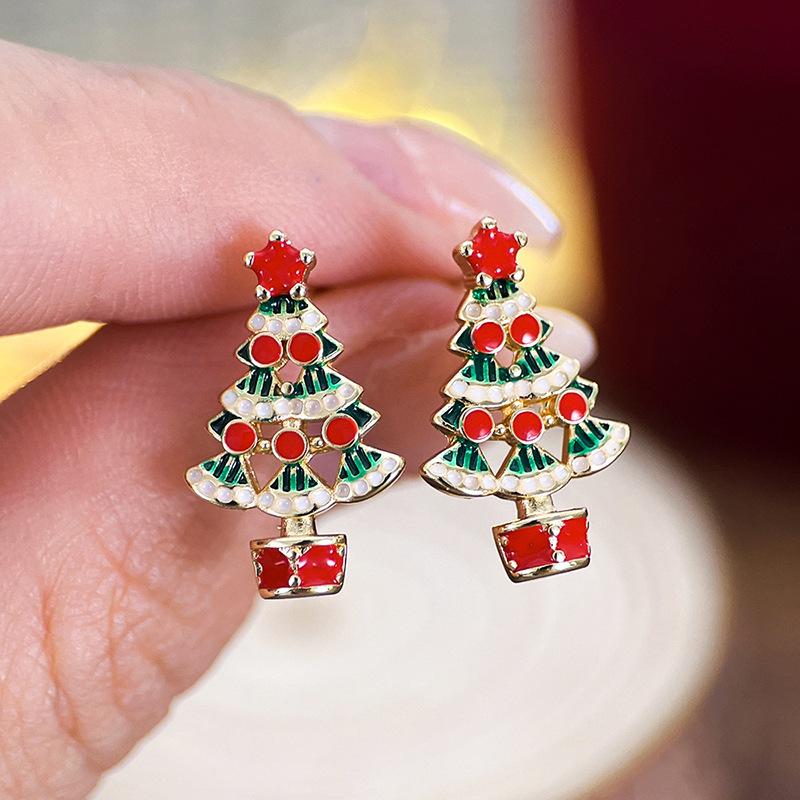 Design sense Christmas tree stud earrings female, colorful painting oil Christmas wind jewelry, holiday manufacturers wholesale elegant wind