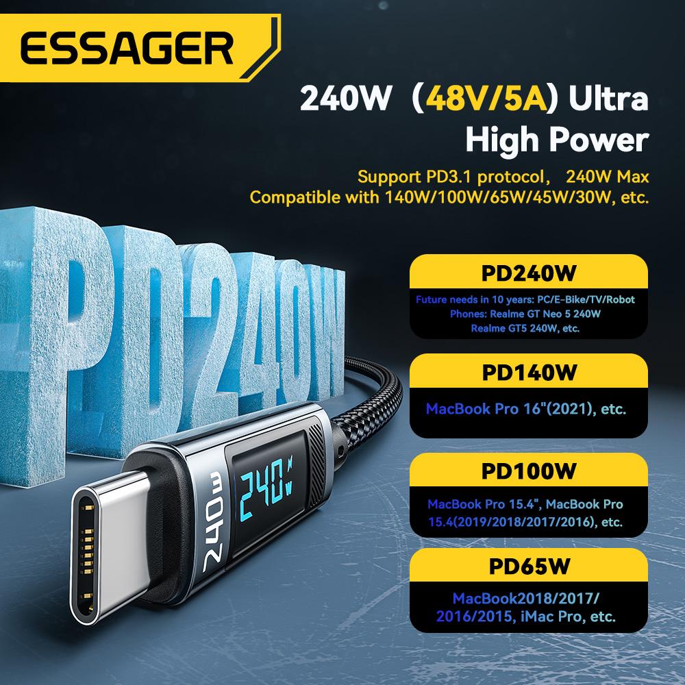 Essager 240 Вт USB Type C на USB C Кабель 100 Вт PD 3.1 Быстрая зарядка Провод для 15 Pro max Macbook Pro Samsung