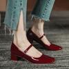 Fashion New Women's Red Black Mary Janes Shoes Leather Thick Middle Heel Dress Shoes Square Toe Shallow Buckle Strap Women's Pumps Shoes
