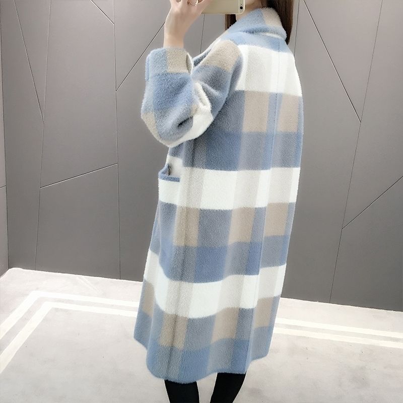 Stylish and Warm: New Spring Collection Faux Mink Fur Collar Over-Knee Loose Plus-Size Knitted Cardigan Coat for Women