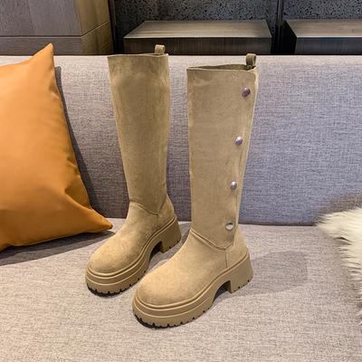 Мода Женская Мода Хлопковые Сапоги на Толстом Каблуке Зима Новые Круглый Носок Замша Заклепки Толстая Подошва Противоскользящие Износостойкие Высокие Сапоги