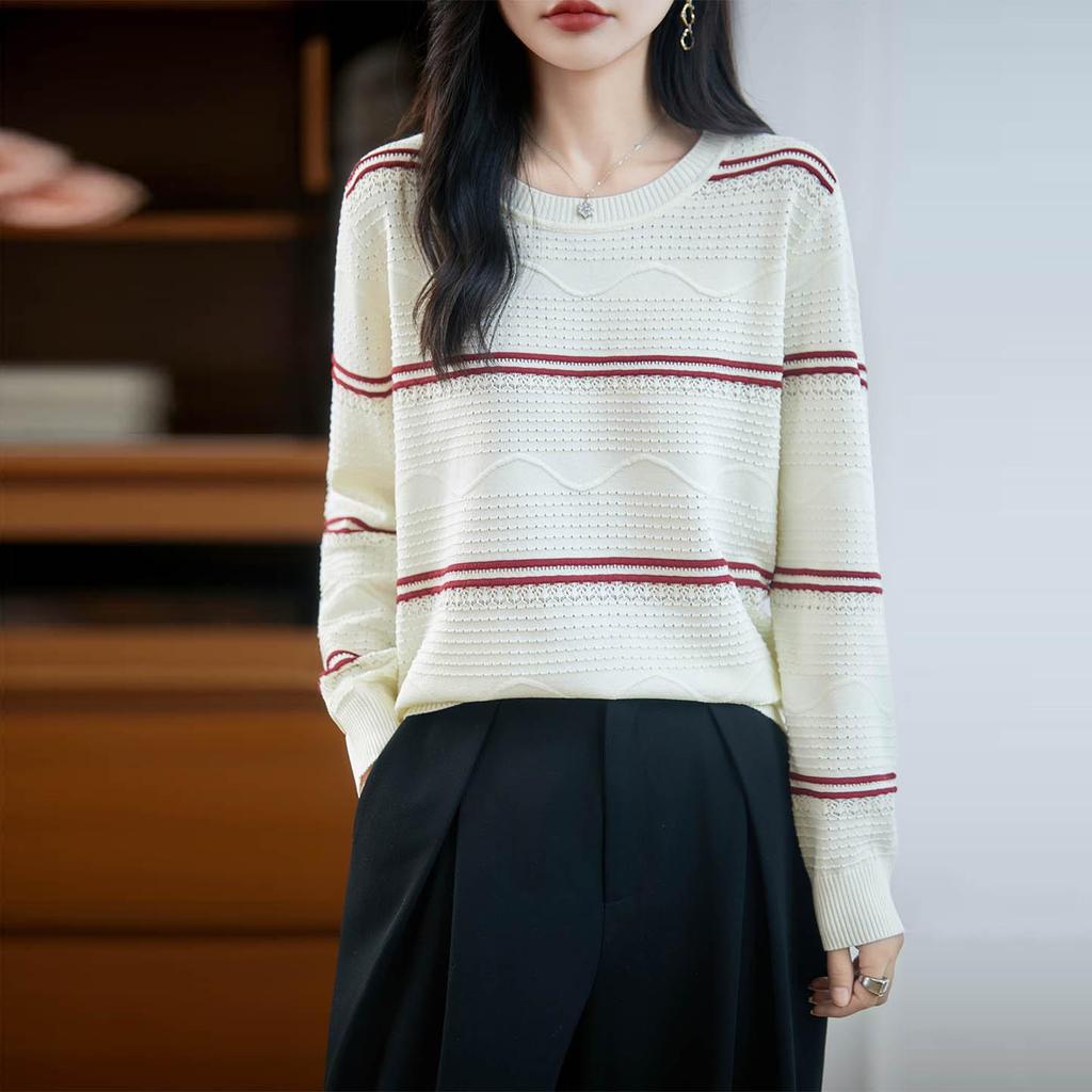 Korean Striped Crew Neck Long Sleeve Knit Sweater for Women - 2025 Autumn Loose Fit