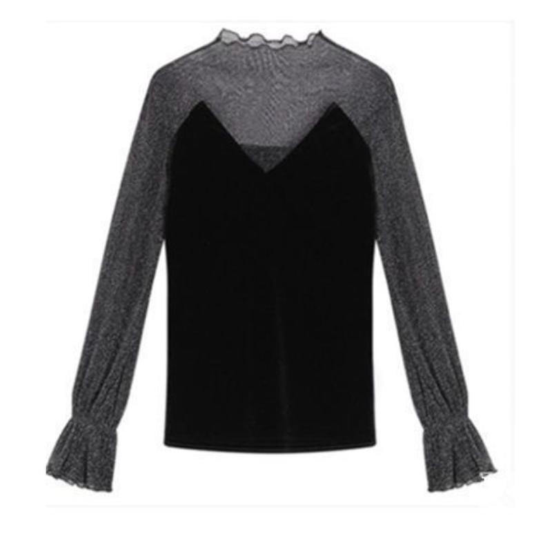 Autumn Winter New Mesh Lace Bottoming Shirt Fashion Bright Silk Splicing Velvet Tshirt M-4XL