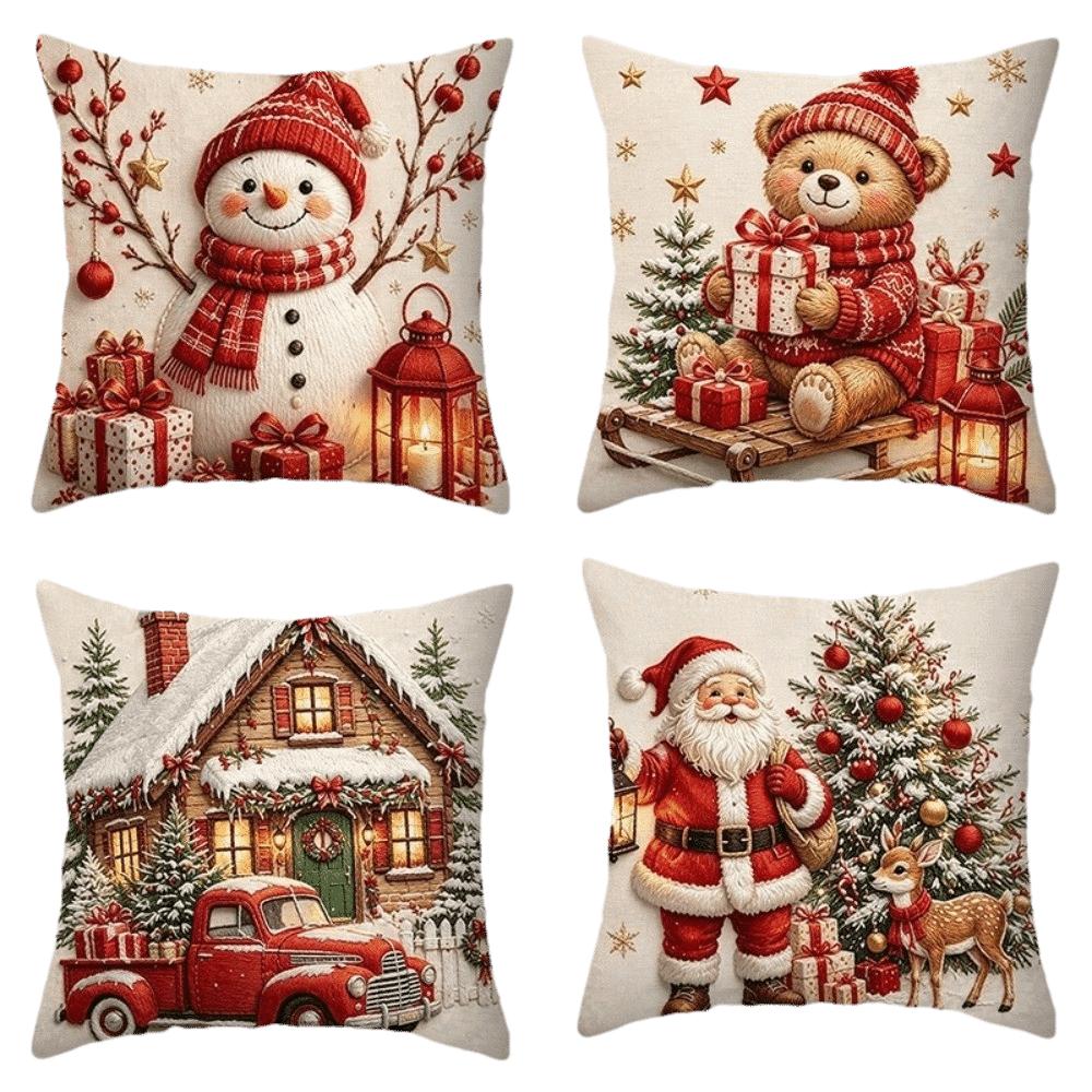 4PCS Tree Flower Christmas Pillow Covers New Year Snowman Pillow Cover Throw Cushion Case Home