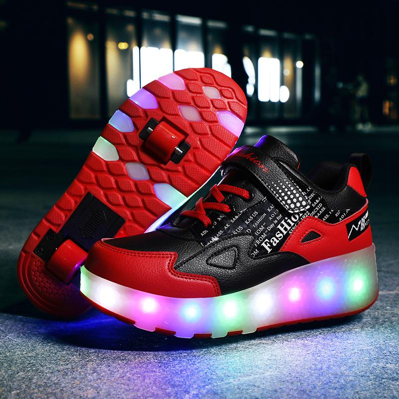 27-43 Съемные колеса для мальчиков/девочек Двойные колеса Светящиеся кроссовки Можно заряжать Кроссовки для катания на роликах Детские ботинки для катания на роликах
