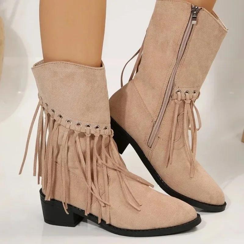 Модные женские туфли в стиле бохо, женские ботинки с кисточками, классические ботинки в стиле вестерн с острым носком, удобные ботинки на квадратном каблуке с застежкой-молнией