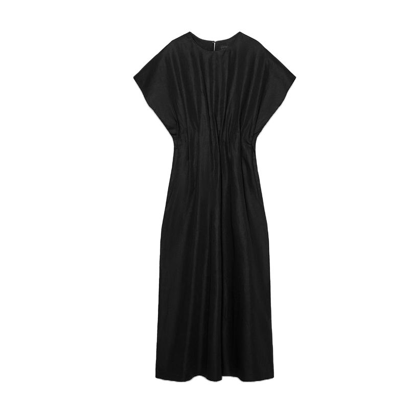 Summer New Women Clothes Basic Round Neck Casual Straight Pleated Short Sleeve Midi Dress 4333041