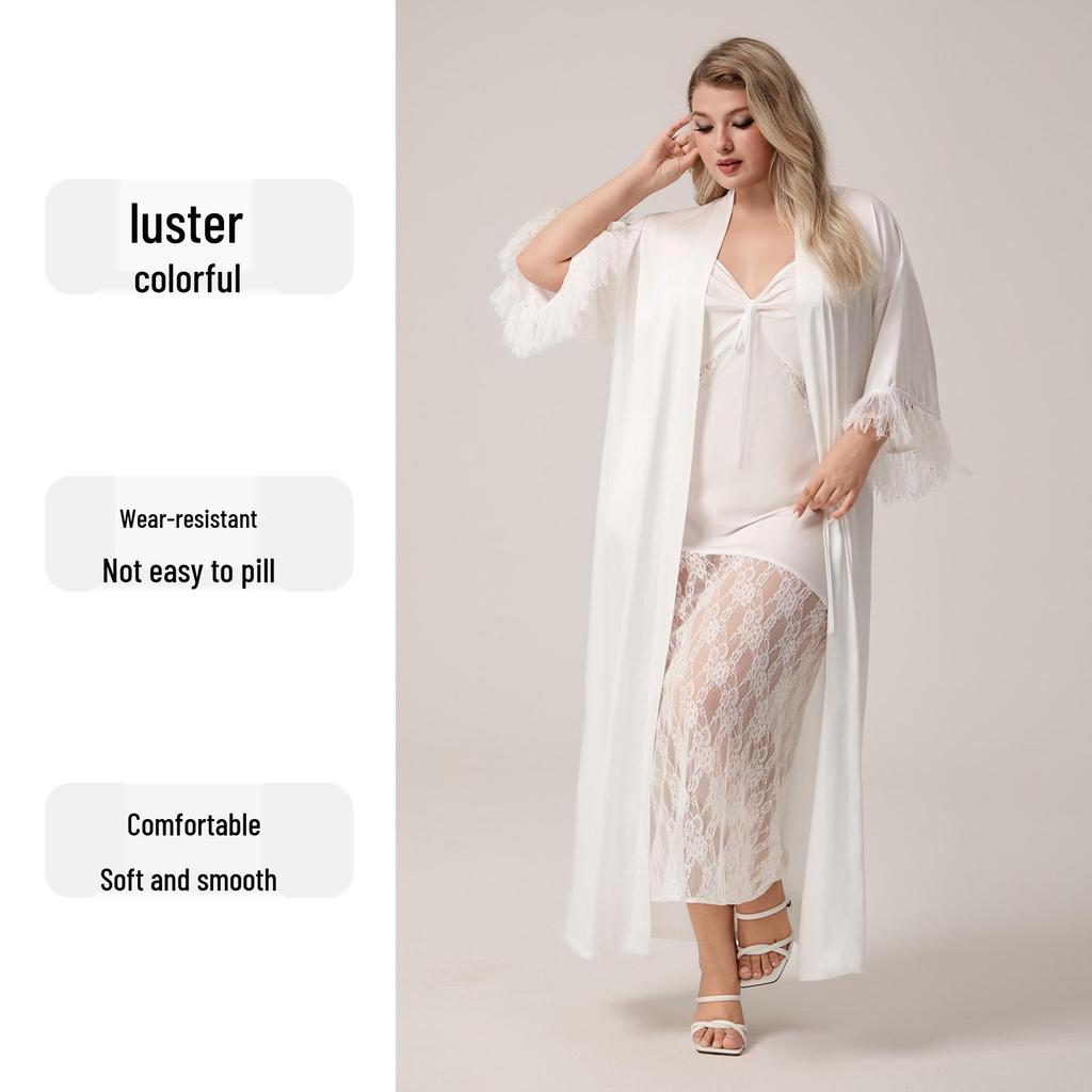 Yaoting Plus Size Satin Chiffon Feather Long Robe Pajamas WP5013