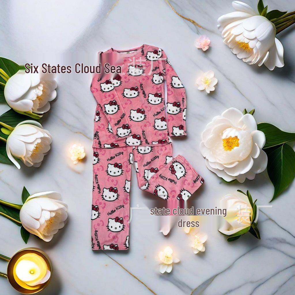 Женский двухкомпонентный пижамный комплект из фланелевого флиса с подкладкой - Теплая осенне-зимняя повседневная домашняя одежда