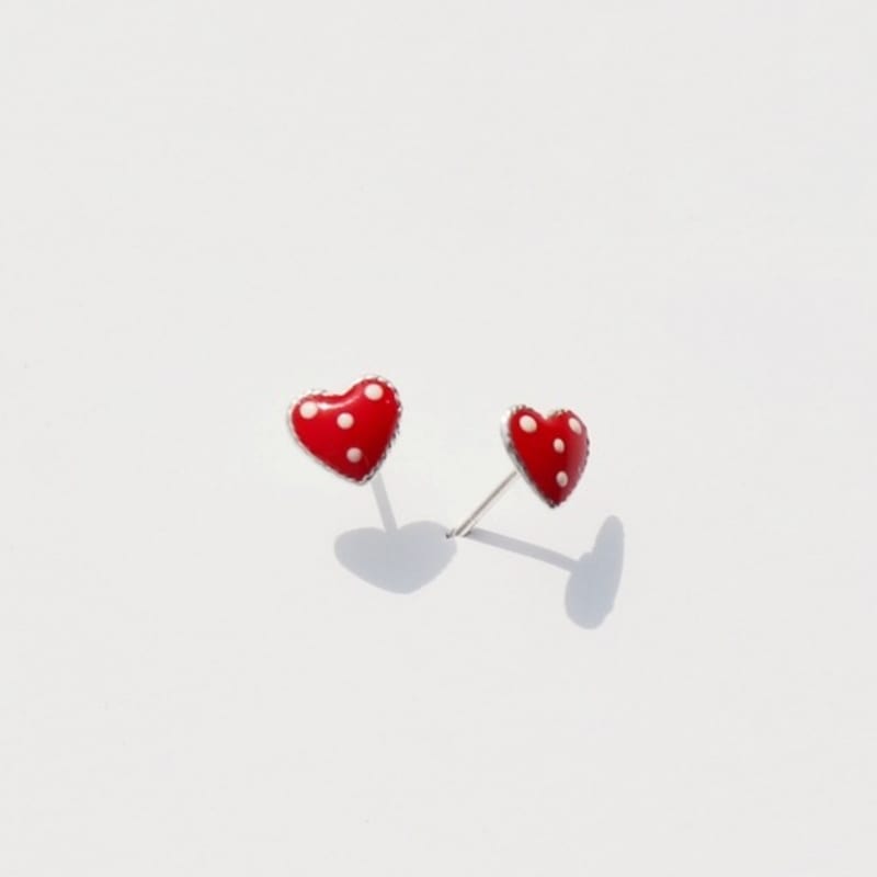 BONBEAU Dotting Red Heart Silver Pin Earrings