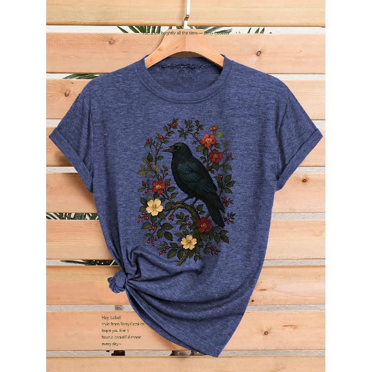 Vintage Floral Crow Print Fashionable Elegant Women's New Spring Summer Autumn Casual Sporty Top Soft Comfortable Round Neck Short Sleeve T Shirt
