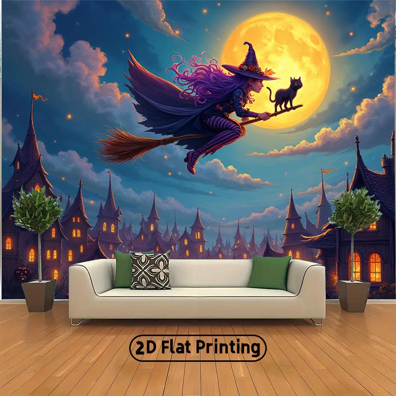 A 2D flat banner featuring a Halloween background featuring a witch on a broom and a cat