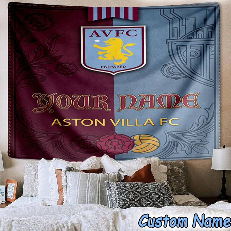 Custom Name Aston Villa Football Club Printed Tapestry, for Bedroom,Livingroom, dormitory, Large Wall Decor, Fabric Decor Fan Birthday Gifts