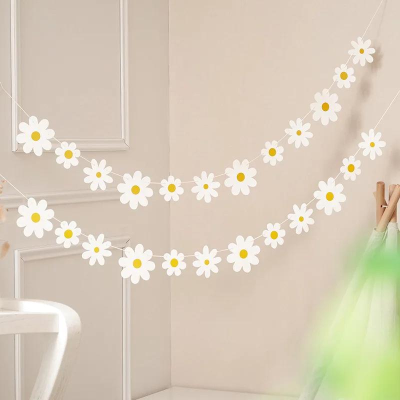 1Set Daisy Banner Birthday Party Burlap White Flower Garland Confetti Daisy Flag Baby Shower Wedding Party Bunting Decoration